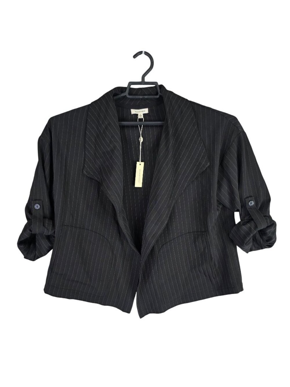 Womens Black Pinstripe Cropped Blazer Jacket Rolled Sleeves Polyester Blend L